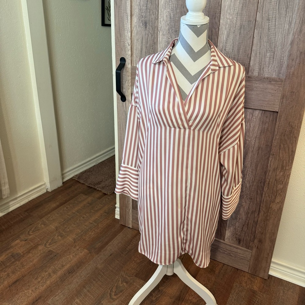 Zara satin shirt dress champagne pink beige white striped pearl buttons medium